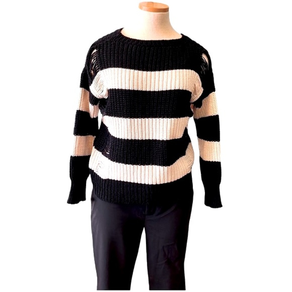 Sandro Stripe Distressed Knit Sweater, Black & Cream, size EU 2/Med, US 4-6 - Picture 9 of 16